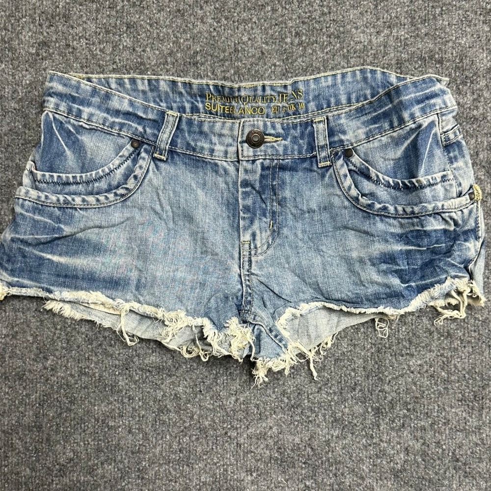 Suiteblanco Jean Shorts Womens Size 10 Blue Distressed Low Rise Frayed Raw Hem